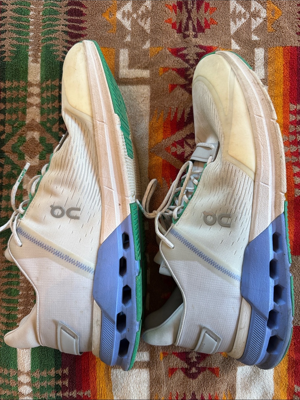 On Running Mens Athletic Shoes White with Green and Lavender Accents